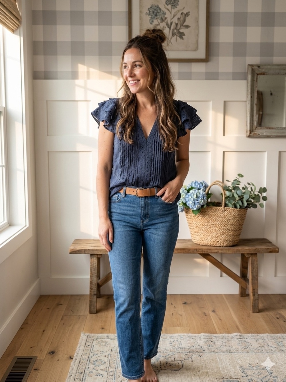 Sundance Navy Eyelet Flutter-Sleeve Blouse Small